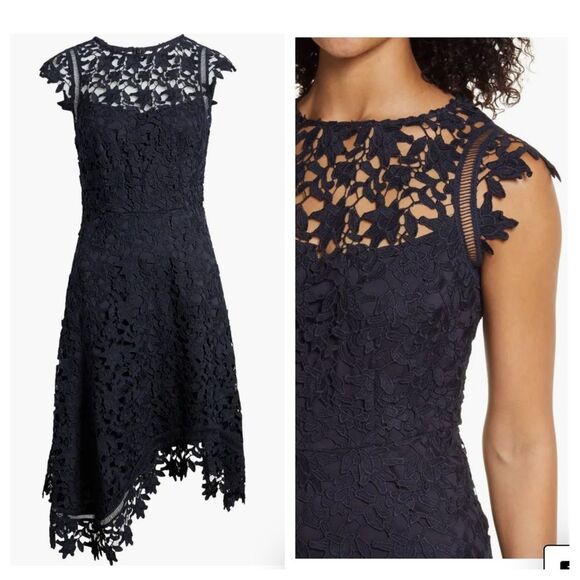 Eliza J Lace Asymmetric Cocktail Dress Navy Size 6 - Picture 1 of 12